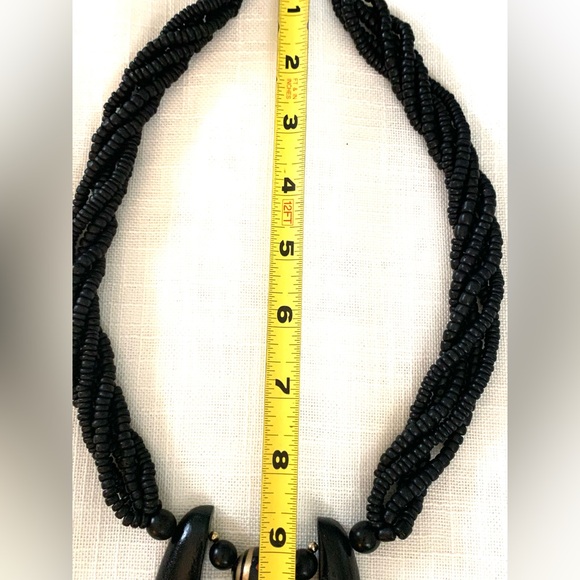 Vintage Art Necklace Multi Strand Beaded Large painted pendant Black Red Gold - Picture 4 of 12